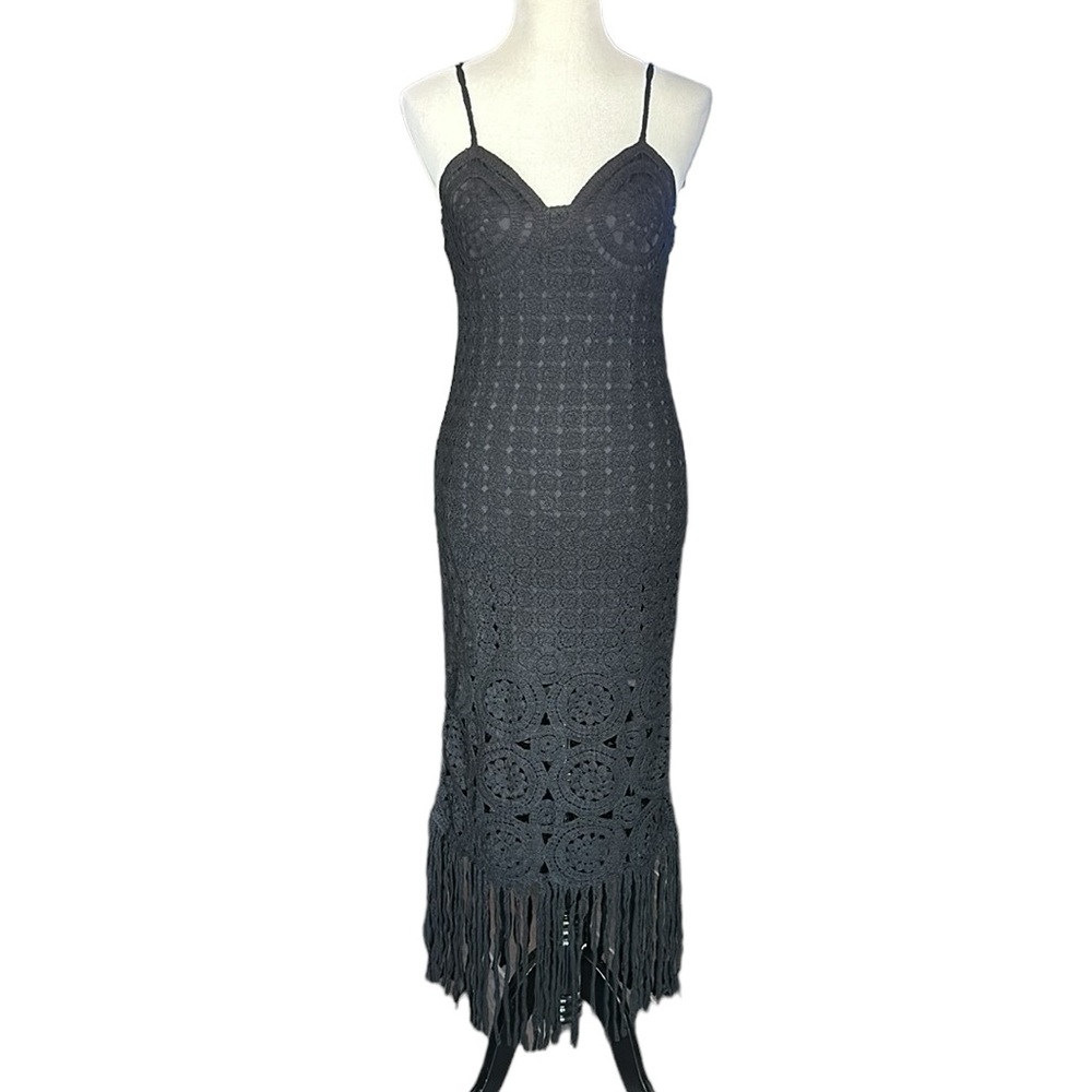 Torn by Ronny Kobo Medallion Crochet Knit Fringe Dress